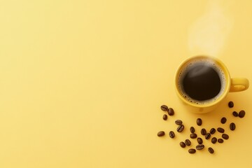 Obraz premium A Yellow Mug of Steaming Coffee with Scattered Coffee Beans on a Yellow Background
