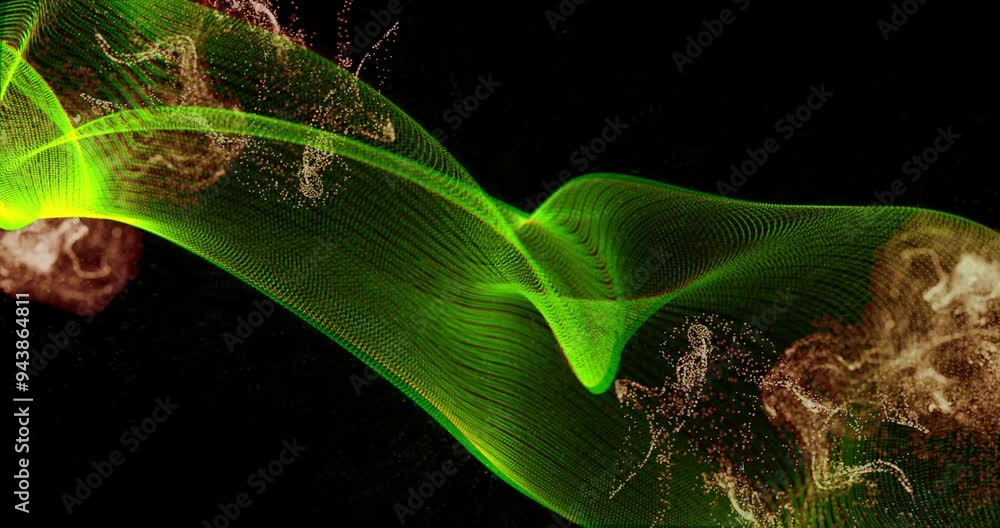 Poster animating green wave and particle motion over black background