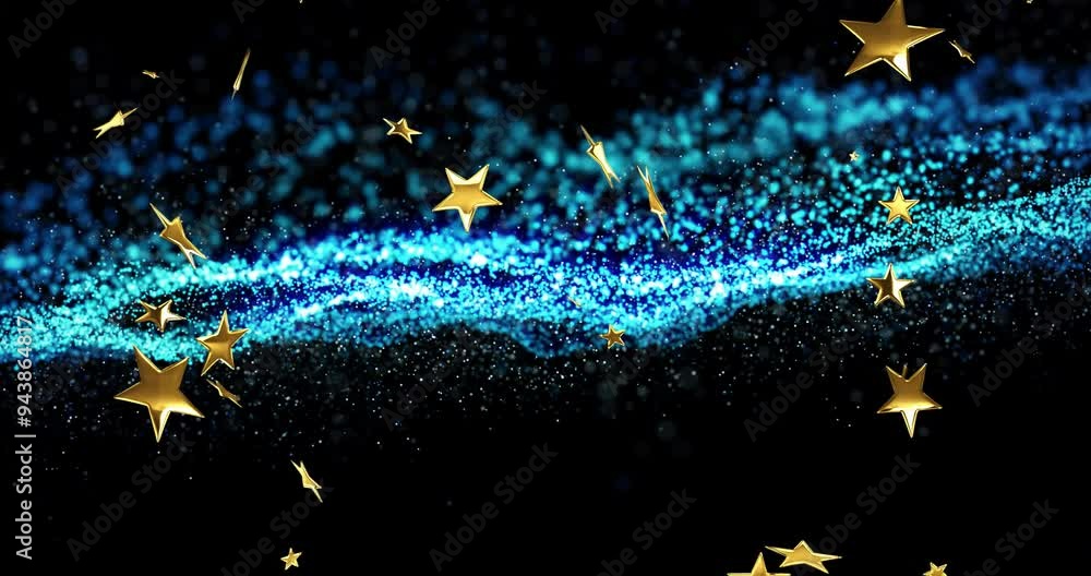 Canvas Prints Golden stars and blue particles moving on black background