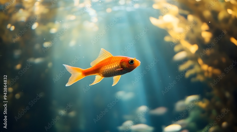 Poster a lone fish effortlessly gliding through the serene and expansive waters of a large aquarium with am