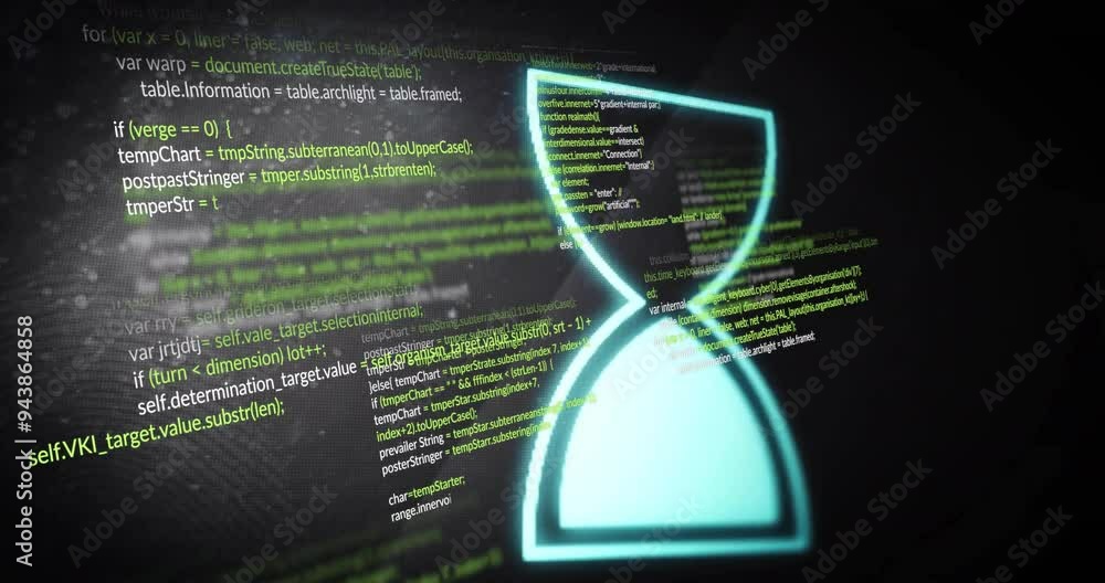 Poster animating hourglass icon over programming code on dark background