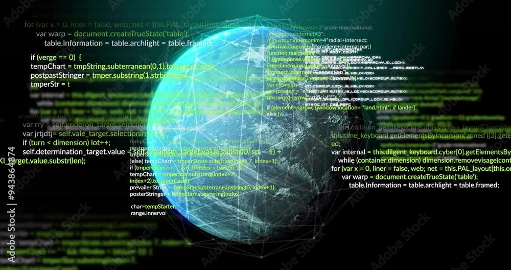 Poster globe with coding and data processing animation over dark background