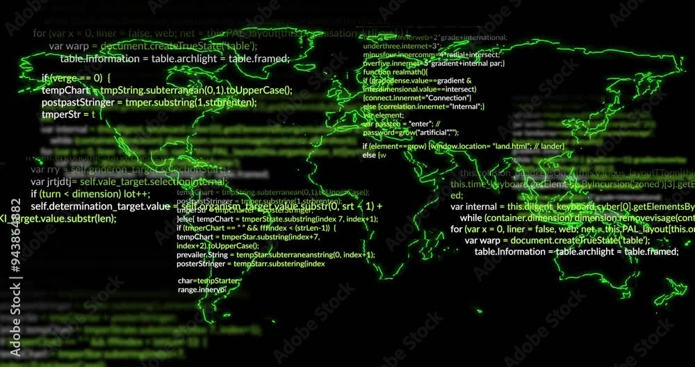 Poster green coding animation over world map on black background