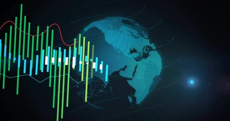 Financial data analysis animation over rotating globe with bar and line graphs