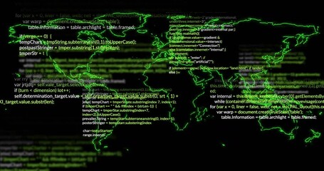 Green coding animation over world map on black background