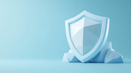 Minimalistic 3D illustration of a white shield standing on a blue background symbolizing security, protection, and stability.
