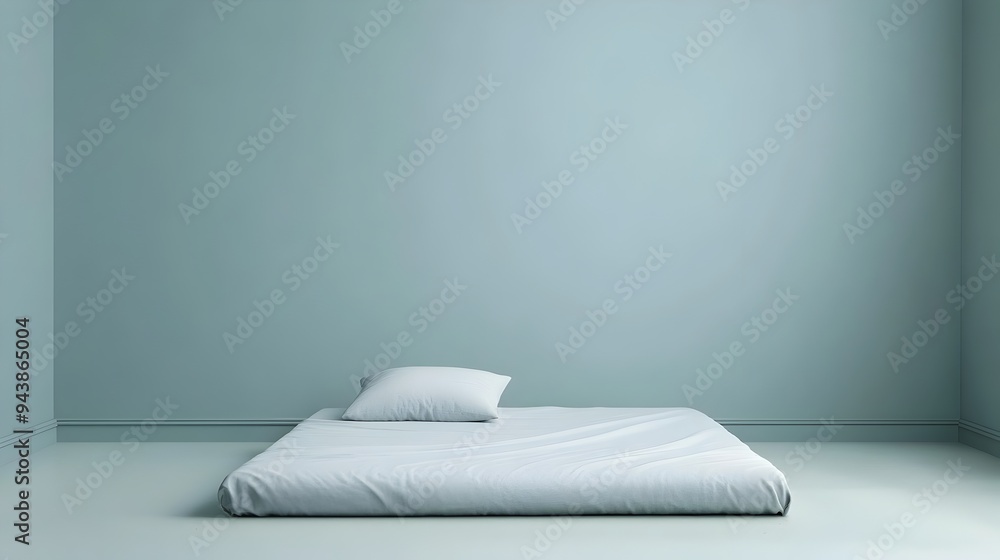 Aufkleber minimalist bed with a single soft pillow on a plain background providing ample copy space for interi