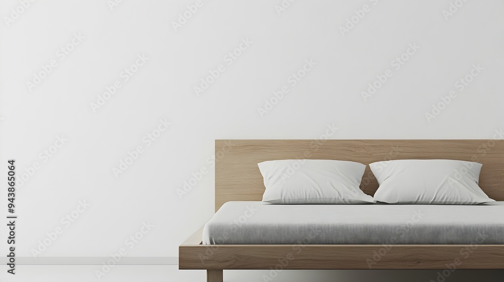Aufkleber minimalist bed setting with single pillow and ample blank copyspace for branding product display or 