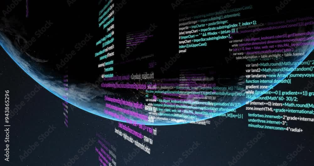 Poster computer code and data processing animation over view of earth from space