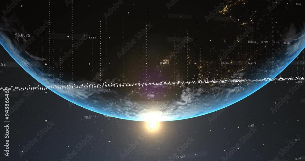Poster sunrise over earth, data points and coordinates animating in space