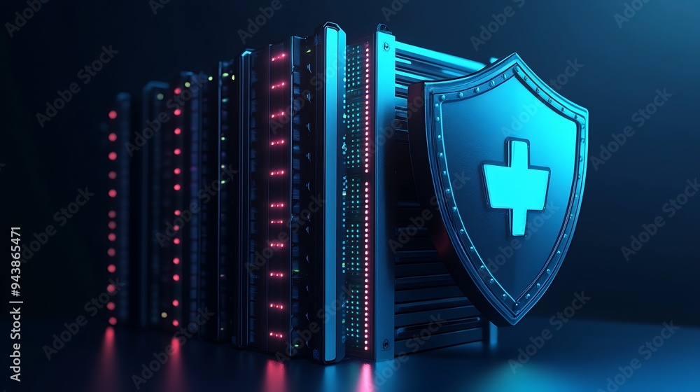Poster modern data server protection with a digital shield symbolizing cybersecurity and data privacy. blue