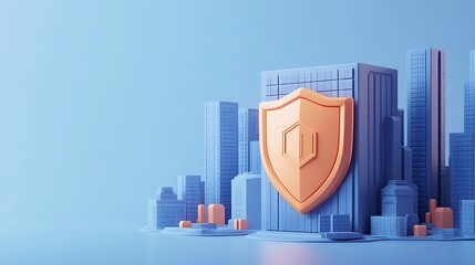 Modern cityscape with a focus on cybersecurity and protection symbolized by a shield icon in front of futuristic buildings.