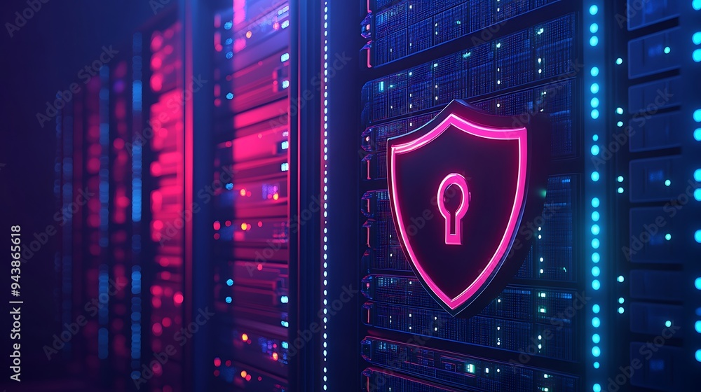 Poster modern server room with cyber security protection. concept of data center and information technology