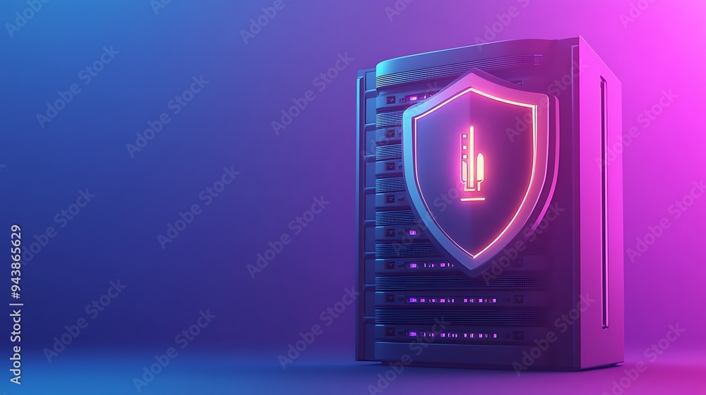 Poster modern server with a glowing shield symbolizing cybersecurity and data protection on a bright gradie