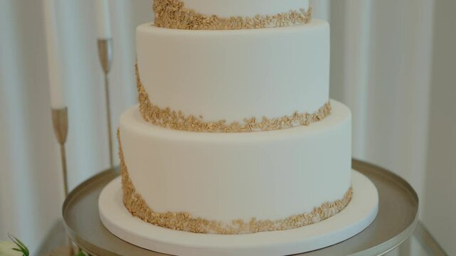 three tiered white wedding cake with golden accents placed on a sleek silver cake stand, accompanied by elegant candle holders