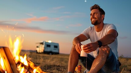 A man enjoys a relaxing evening by a campfire, sipping a drink, with a camper in the background and a beautiful sunset.