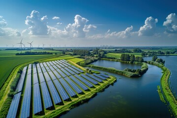 A large field of solar panels is surrounded by a body of water