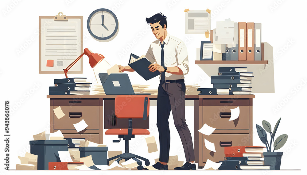 Aufkleber flat manager candidly organizing files in a cluttered office concept as a candid shot of a manager o