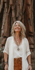 Fototapeta premium An elegant elderly woman with grey hair smiling joyfully outdoors against a natural backdrop.