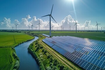 A large wind farm with many wind turbines is shown in the image