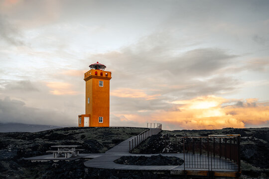 view of the recreation area next to the orange lighthouse in Iceland
