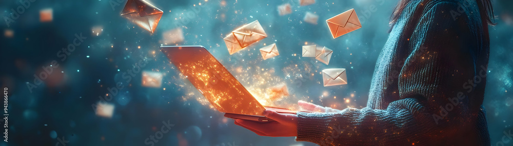 Poster person with magic laptop and floating emails concept as a person holding a magic laptop with floatin