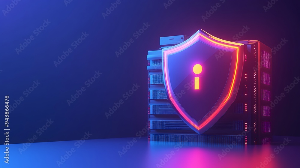 Poster neon shield protecting server network in futuristic cyber environment, symbolizing data security and