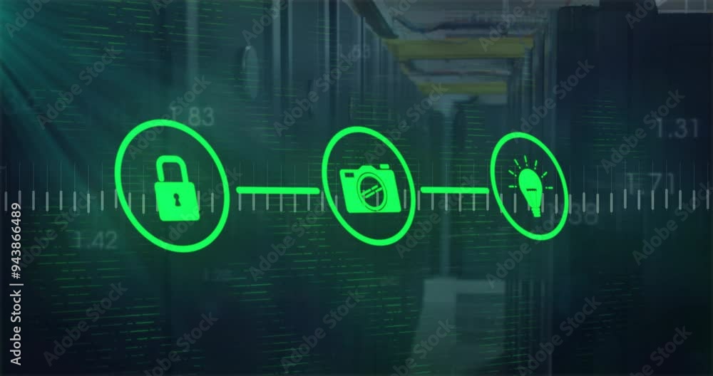 Poster security, camera, and idea icons connected in green over data center animation