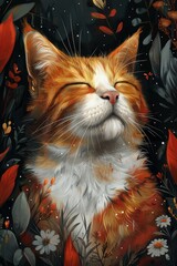 A digital illustration of an orange tabby cat with closed eyes, surrounded by white and red flowers. The cats fur is soft and fluffy, and the background is dark
