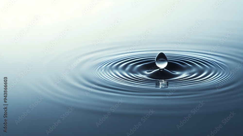 Poster a single crystal clear raindrop resting on a smooth glossy surface creating a mesmerizing reflection