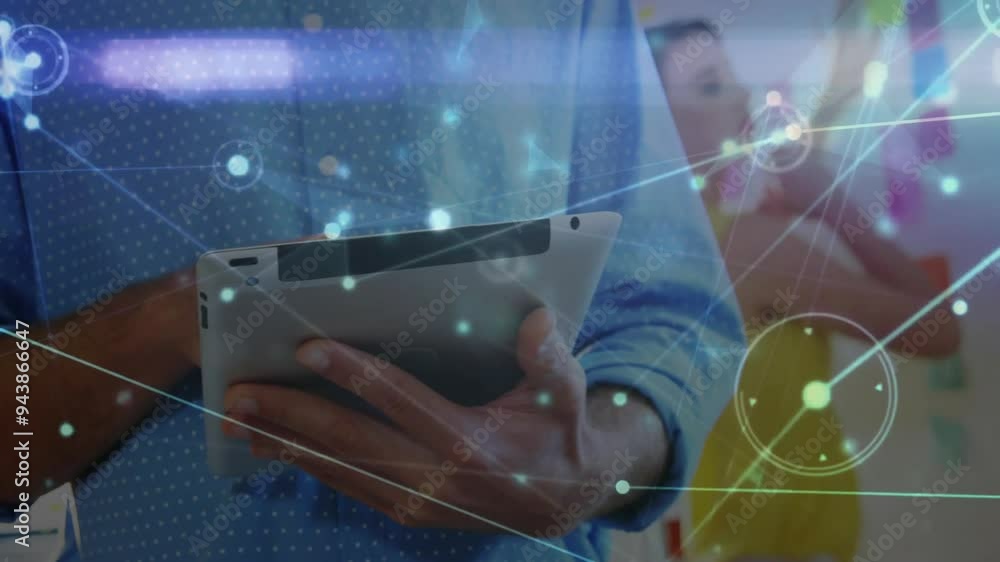 Poster holding tablet, person with network connections and data processing animation over