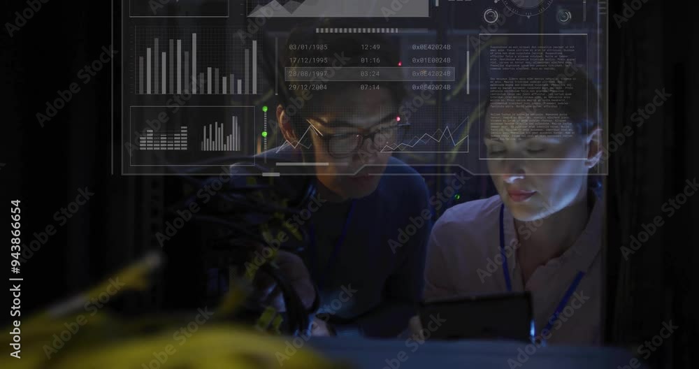 Poster analyzing data and graphs animation over two professionals working with technology