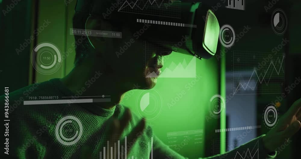 Poster using virtual reality headset, person interacting with data visualization animation