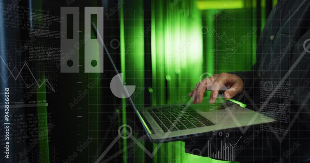 Poster typing on laptop, person with data analytics animation over green background