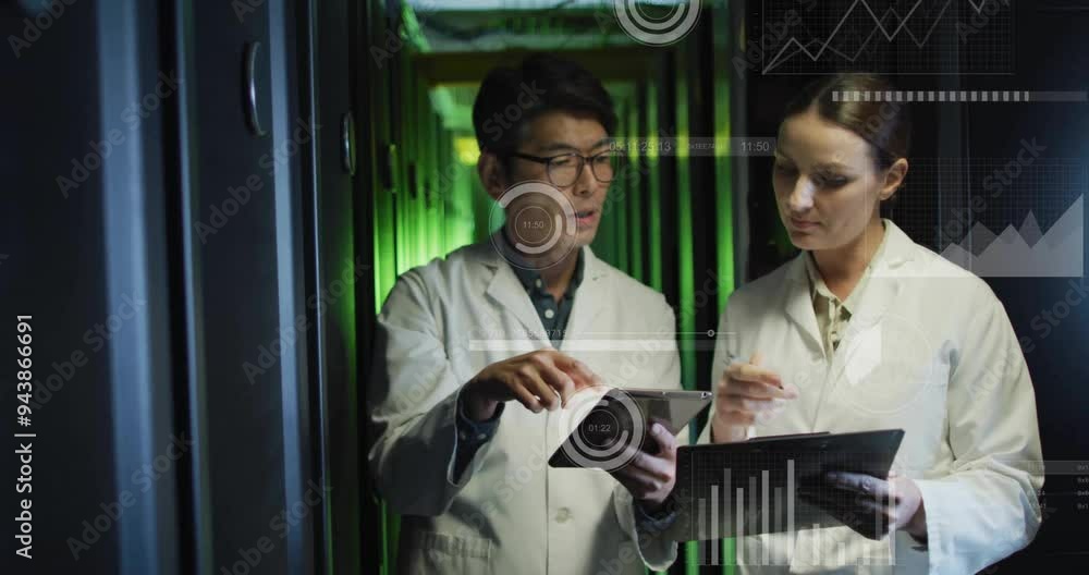 Poster discussing data on tablets, scientists analyzing data with animation in laboratory background