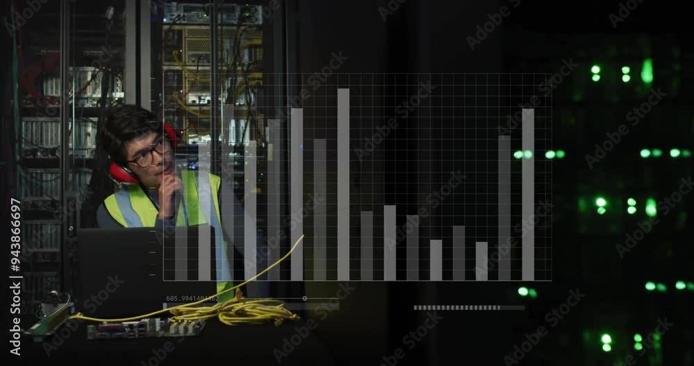 Poster technician in server room with bar graph data analysis animation over equipment