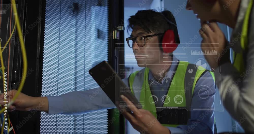 Poster analyzing data on tablet, engineers in server room with digital interface animation