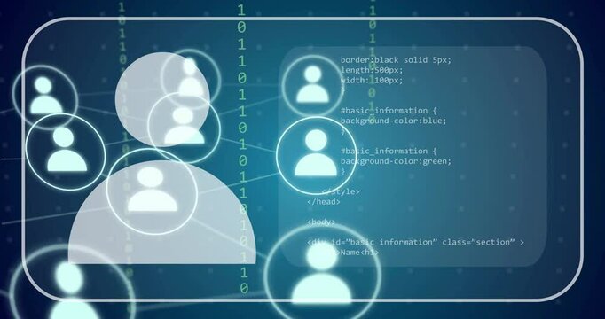 User icons and HTML code snippets animation over blue digital background
