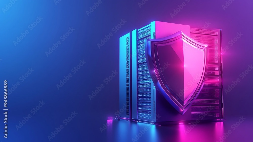 Poster neon-colored server with a shield symbolizing cybersecurity and data protection in a futuristic digi
