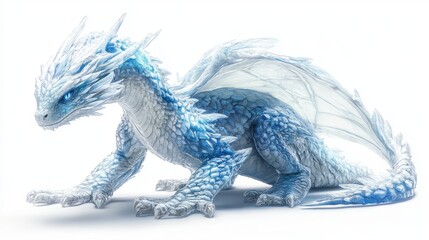 Fototapeta premium glacial dragon with intricate frost patterns on scales, cold blue aura, bright spotlight, isolated white background,
