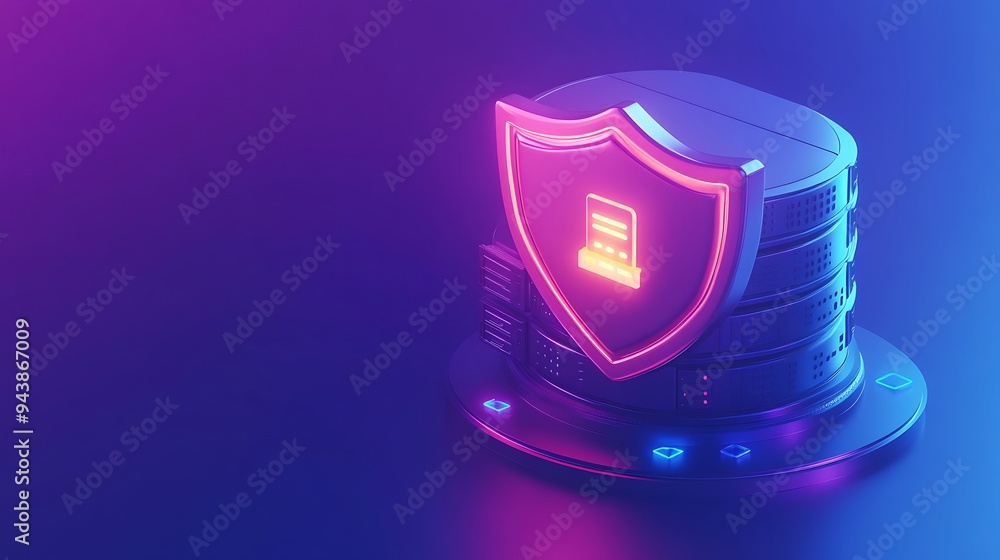 Poster neon-lit data server stack protected by a shield symbolizing cybersecurity measures in a futuristic 