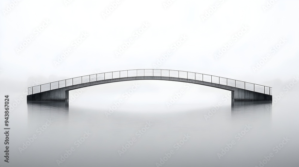Poster minimalist bridge design crossing a calm reflective river with a serene natural landscape in the bac