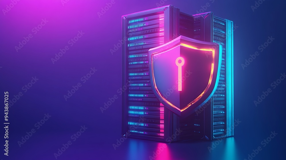 Poster neon-lit data server protected by a glowing shield icon, symbolizing cyber security and data protect