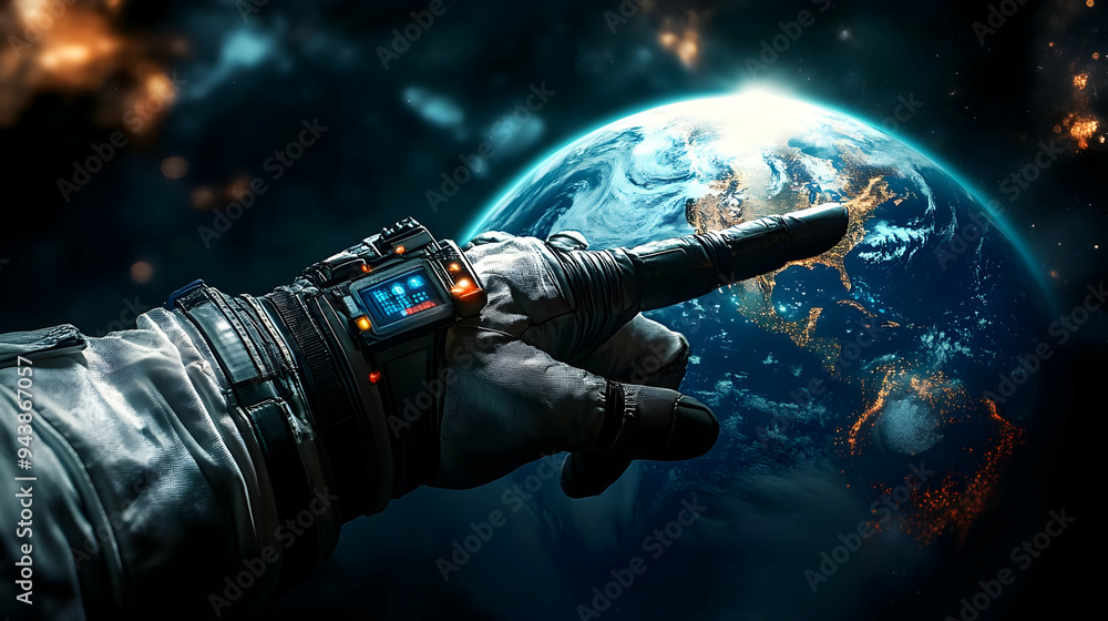 Poster astronaut's gloved hand points towards earth from space with a futuristic device on the wrist.