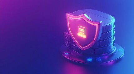 Neon-lit data server stack protected by a shield symbolizing cybersecurity measures in a futuristic digital environment.