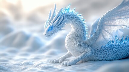 glacial dragon with intricate frost patterns on scales, cold blue aura, bright spotlight, isolated white background,