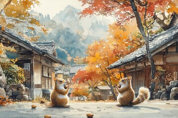 Two squirrels playing in a serene autumn village scene with colorful foliage.