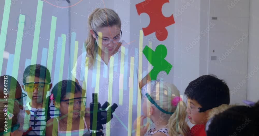 Poster bar graph animation over children and teacher using microscope in classroom
