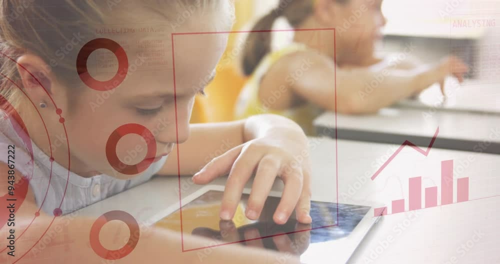 Poster using tablets, children in school with data analysis animation overlaid