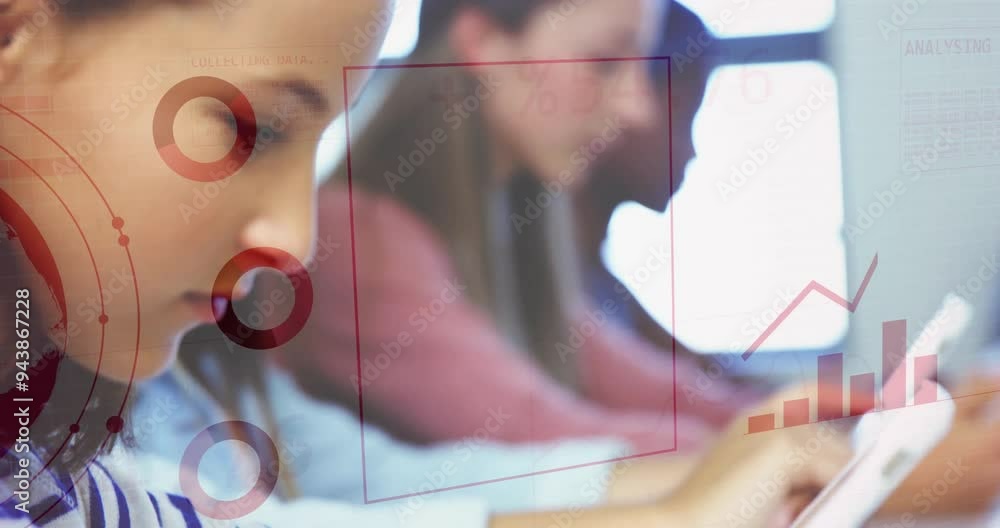 Poster analyzing data animation, students using tablets in classroom, focusing on work